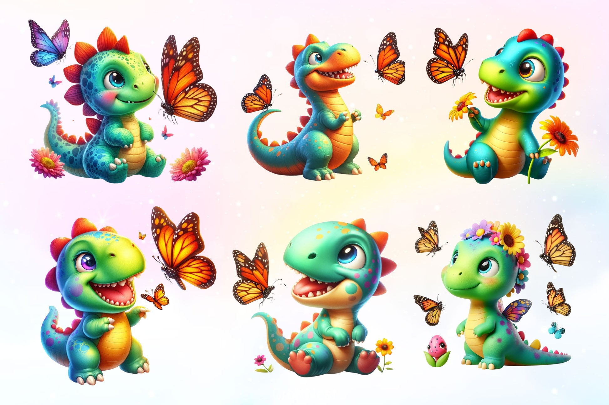 Cute Dinosaur With Butterfly Clipart Bundle 2 - CraftNest - Digital Crafting and Art