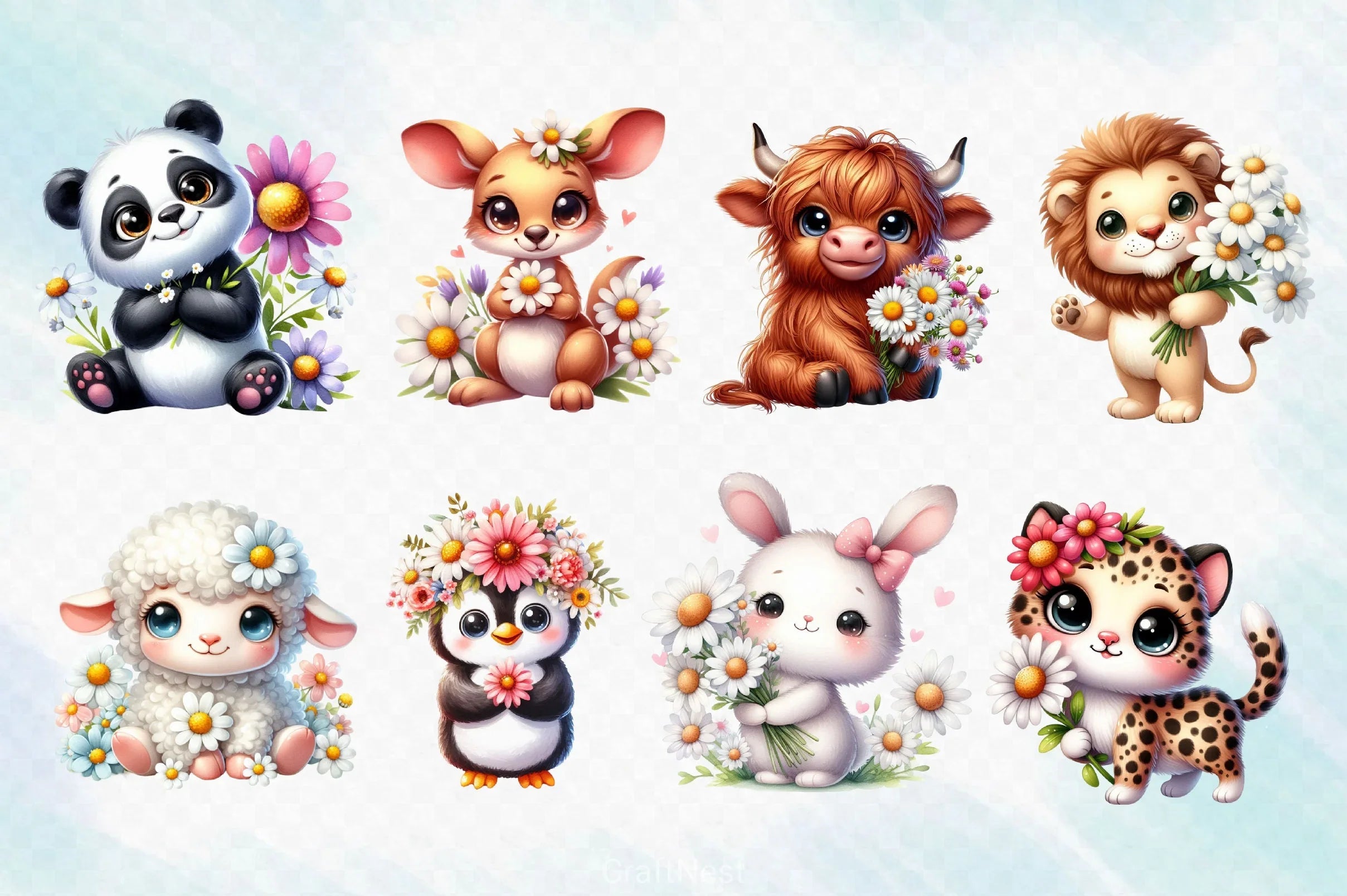 Cute Animals Daisy Flowers Clipart Bundle 2 - CraftNest - Digital Crafting and Art