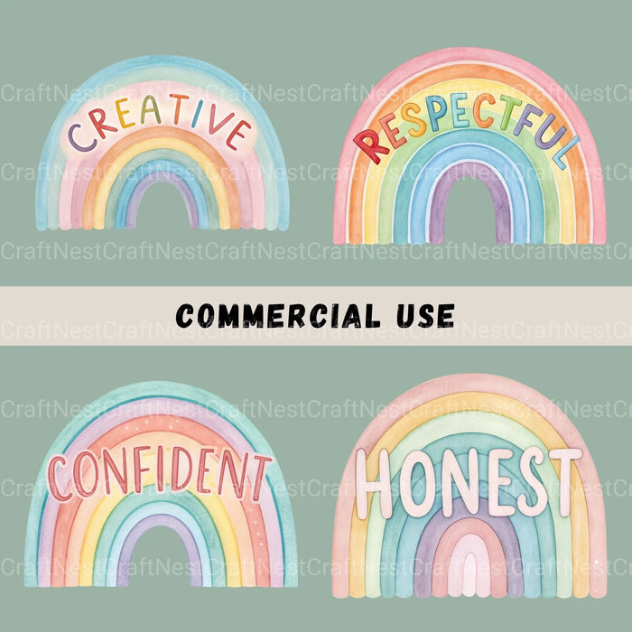 Rainbows Positive Words Clipart Bundle