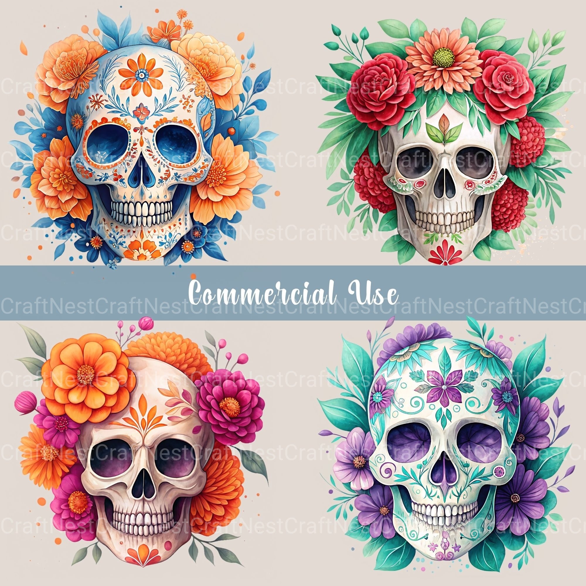 Floral Skulls Clipart Bundle 1 - CraftNest - Digital Crafting and Art