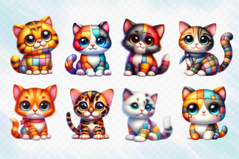 Cute Patchwork Cats Clipart Bundle - CraftNest - Digital Crafting and Art