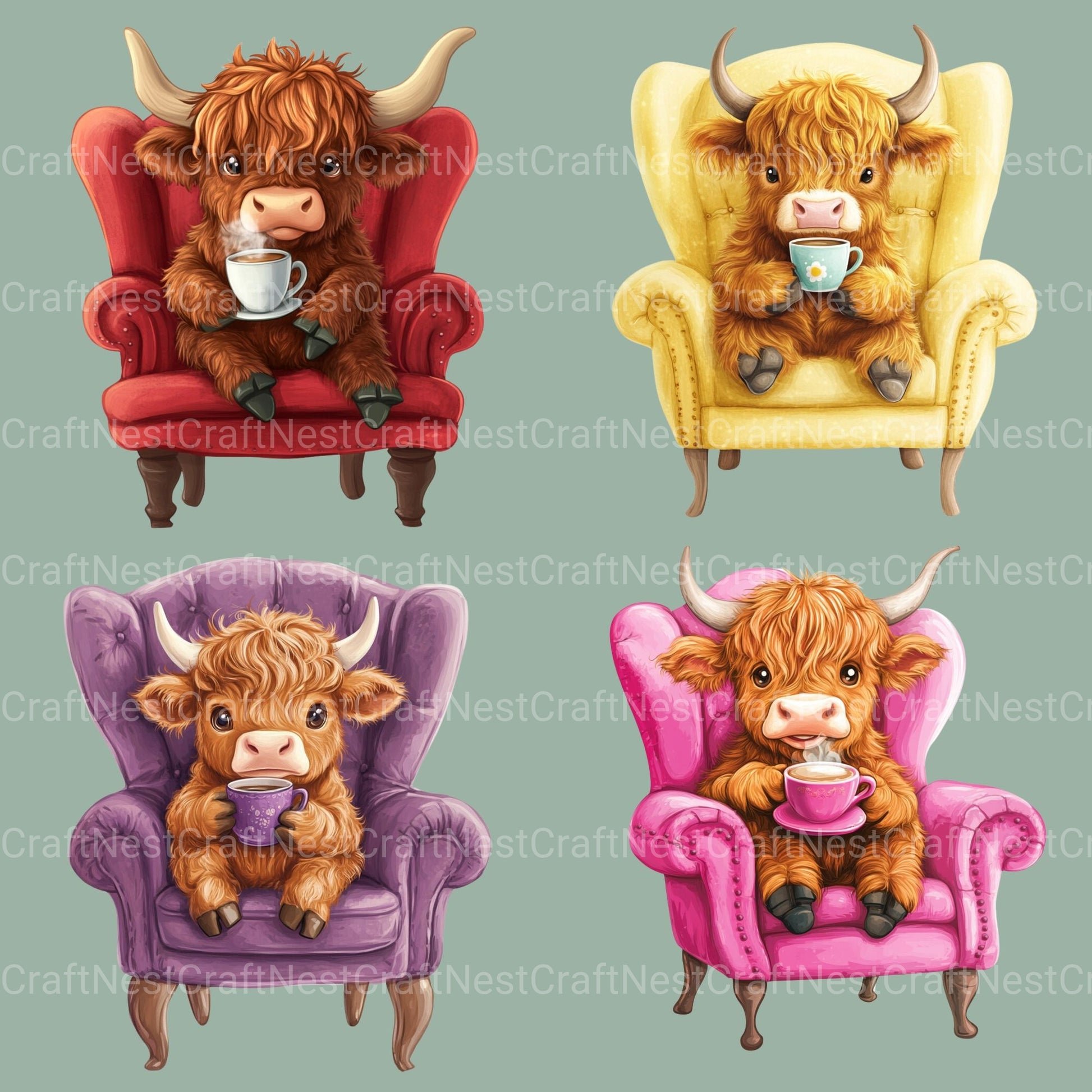 Highland Cow Drinking Coffee Clipart Bundle - CraftNest - Digital Crafting and Art
