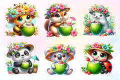 Summer Animals Eating Green Coconut Clipart Bundle 2 - CraftNest - Digital Crafting and Art