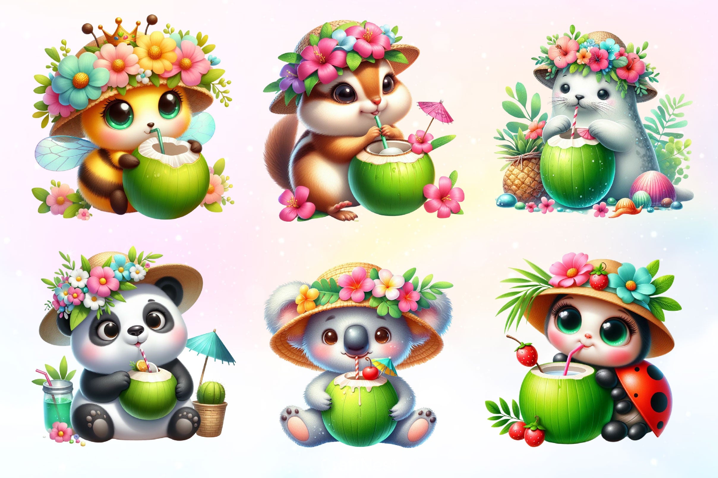 Summer Animals Eating Green Coconut Clipart Bundle 2 - CraftNest - Digital Crafting and Art