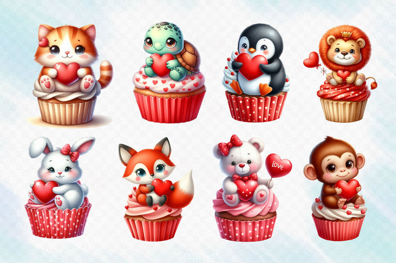 Cute Valentine Animal Cupcake Clipart Bundle 2 - CraftNest - Digital Crafting and Art