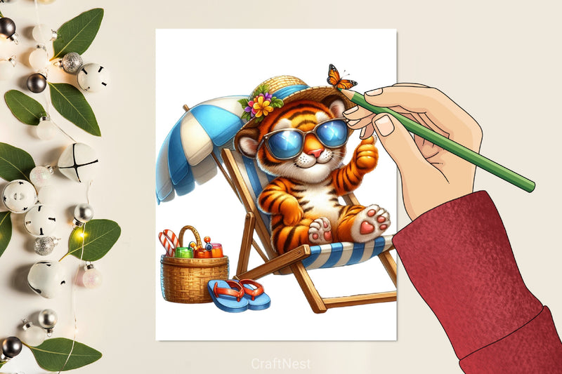 Cute Tiger Beach Clipart Bundle - CraftNest - Digital Crafting and Art