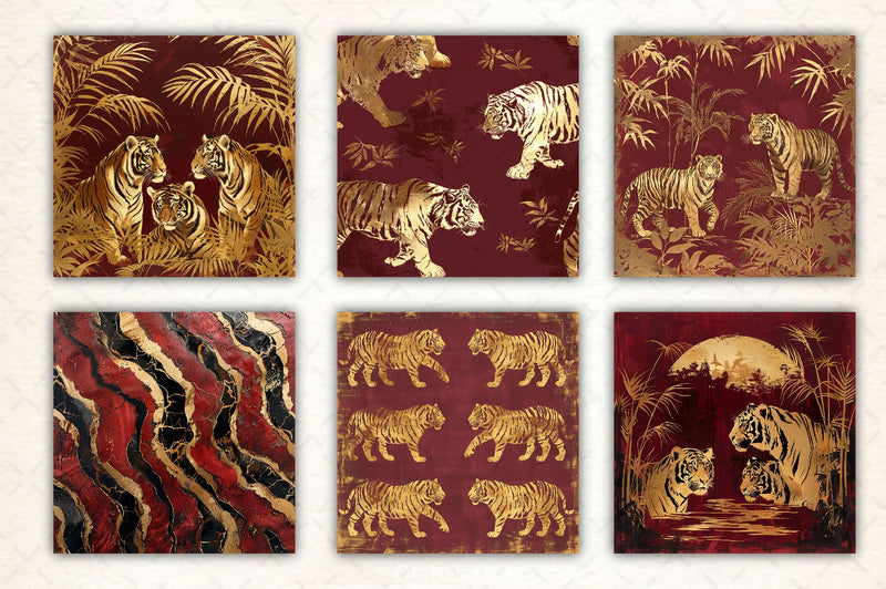 Burgundy And Gold Tiger Digital Paper - CraftNest - Digital Crafting and Art
