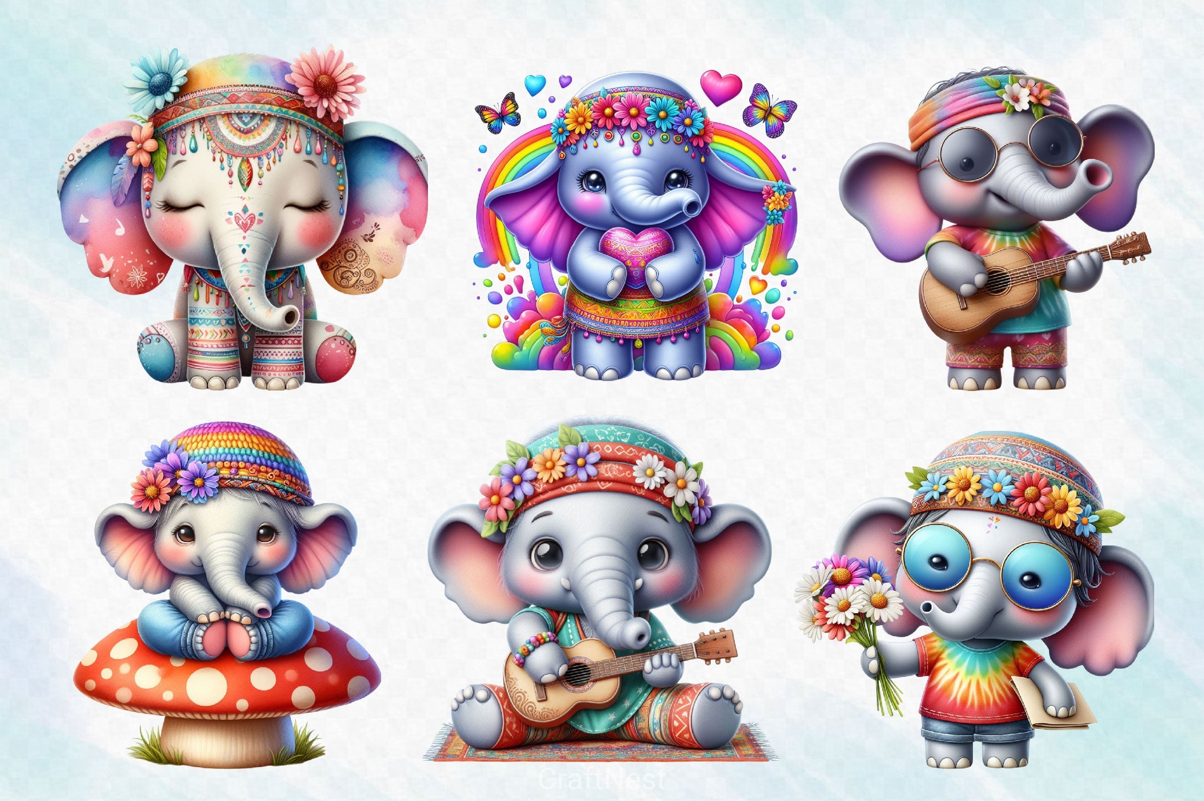 Hippie Cute Elephant Clipart Bundle - CraftNest - Digital Crafting and Art