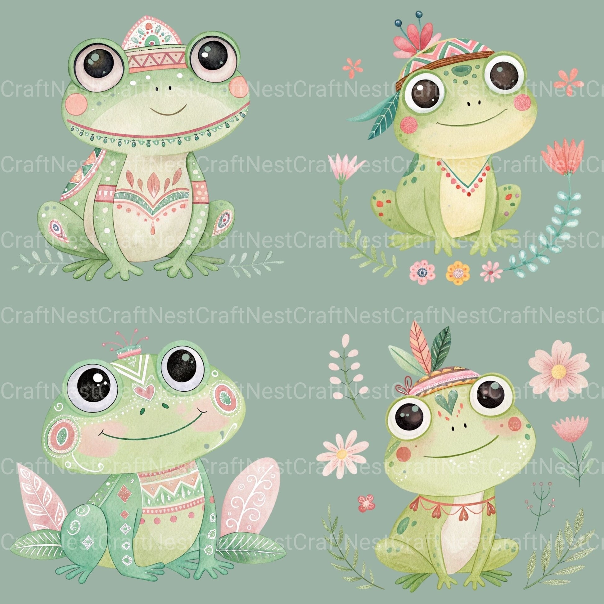 Boho Frogs Clipart Bundle - CraftNest - Digital Crafting and Art