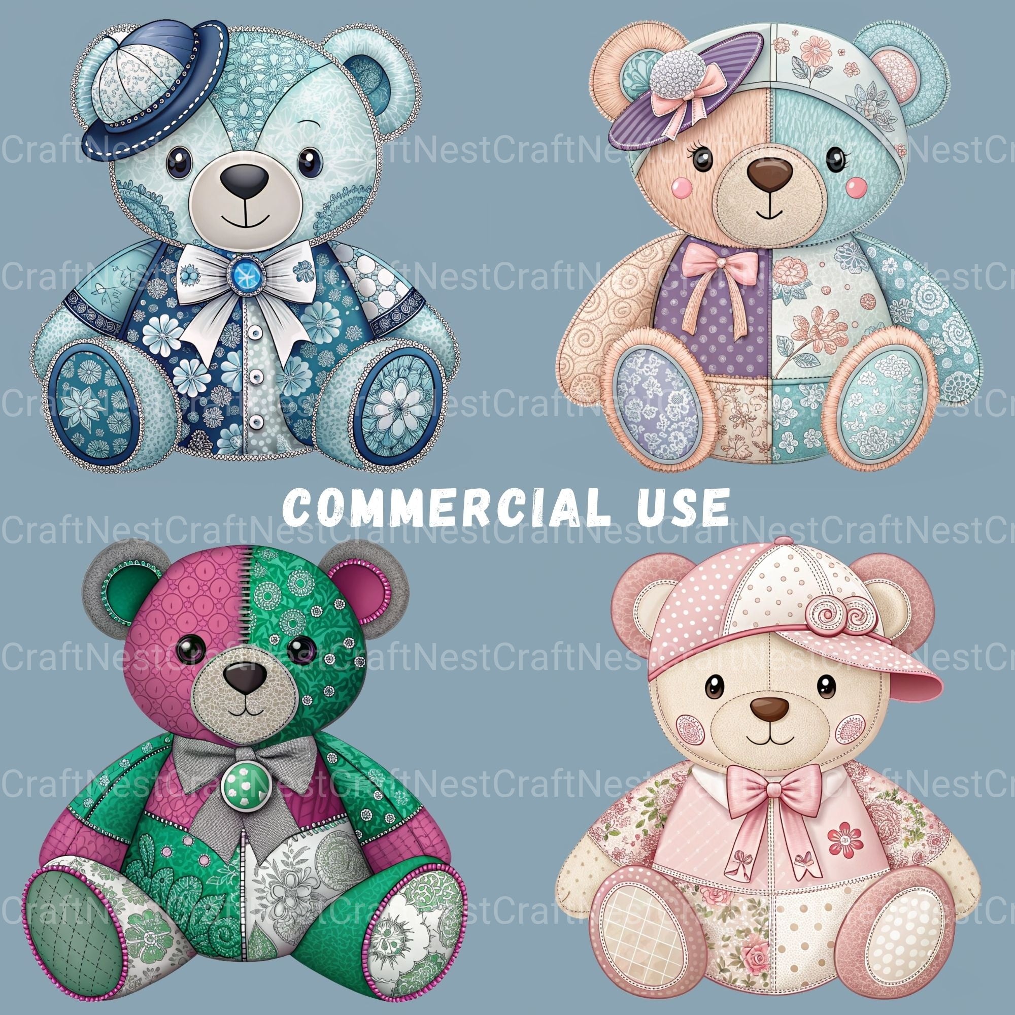 Patchwork Bears Clipart Bundle - CraftNest - Digital Crafting and Art