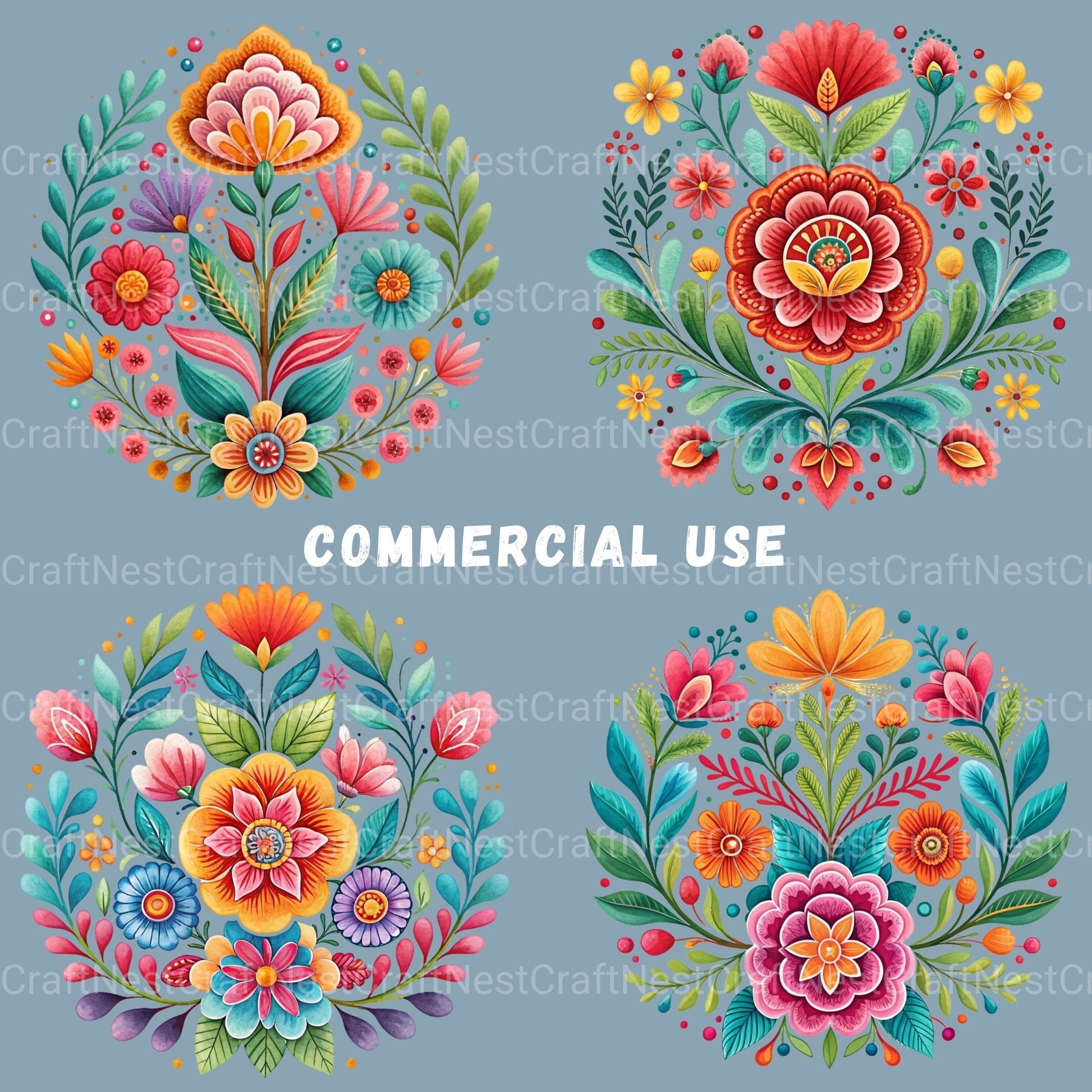 Mexican Embroidery Flowers Clipart Bundle - CraftNest - Digital Crafting and Art