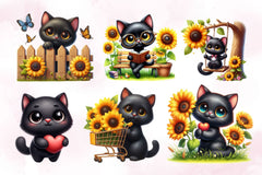 Cute Black Cat With Sunflower Clipart Bundle - CraftNest - Digital Crafting and Art