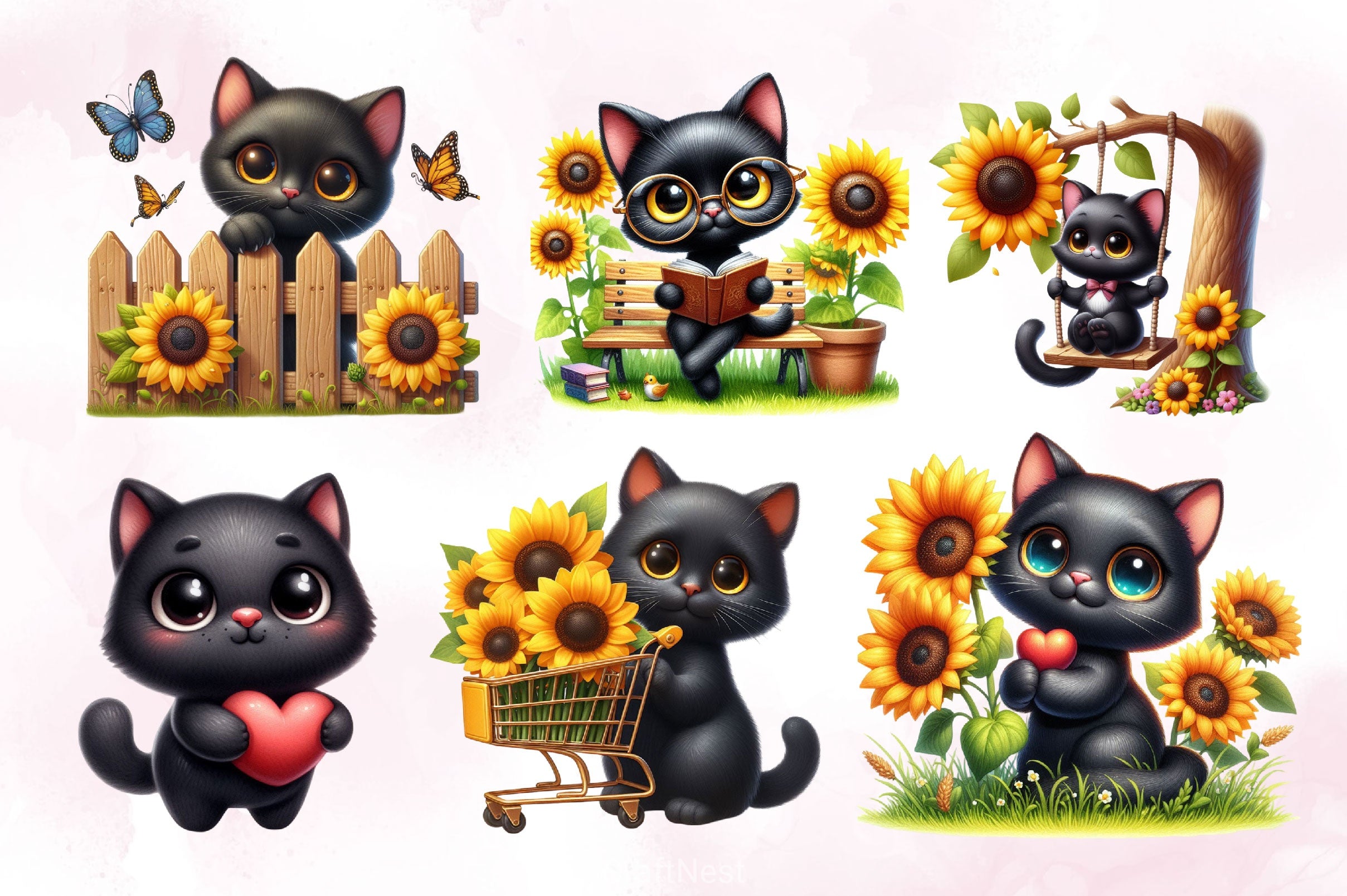 Cute Black Cat With Sunflower Clipart Bundle - CraftNest - Digital Crafting and Art