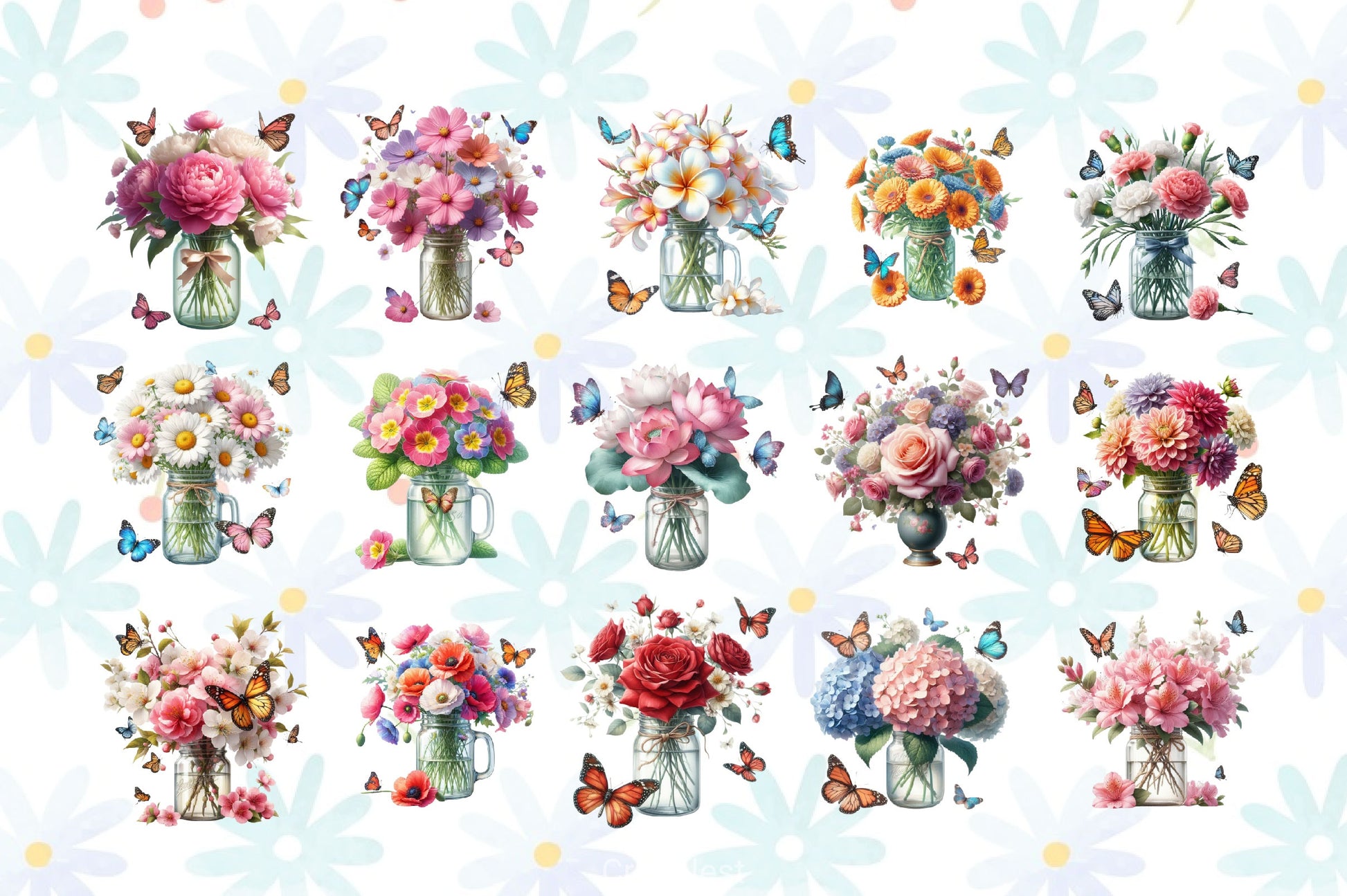 Flowers Bouquet In Mason Jar Clipart Bundle - CraftNest - Digital Crafting and Art
