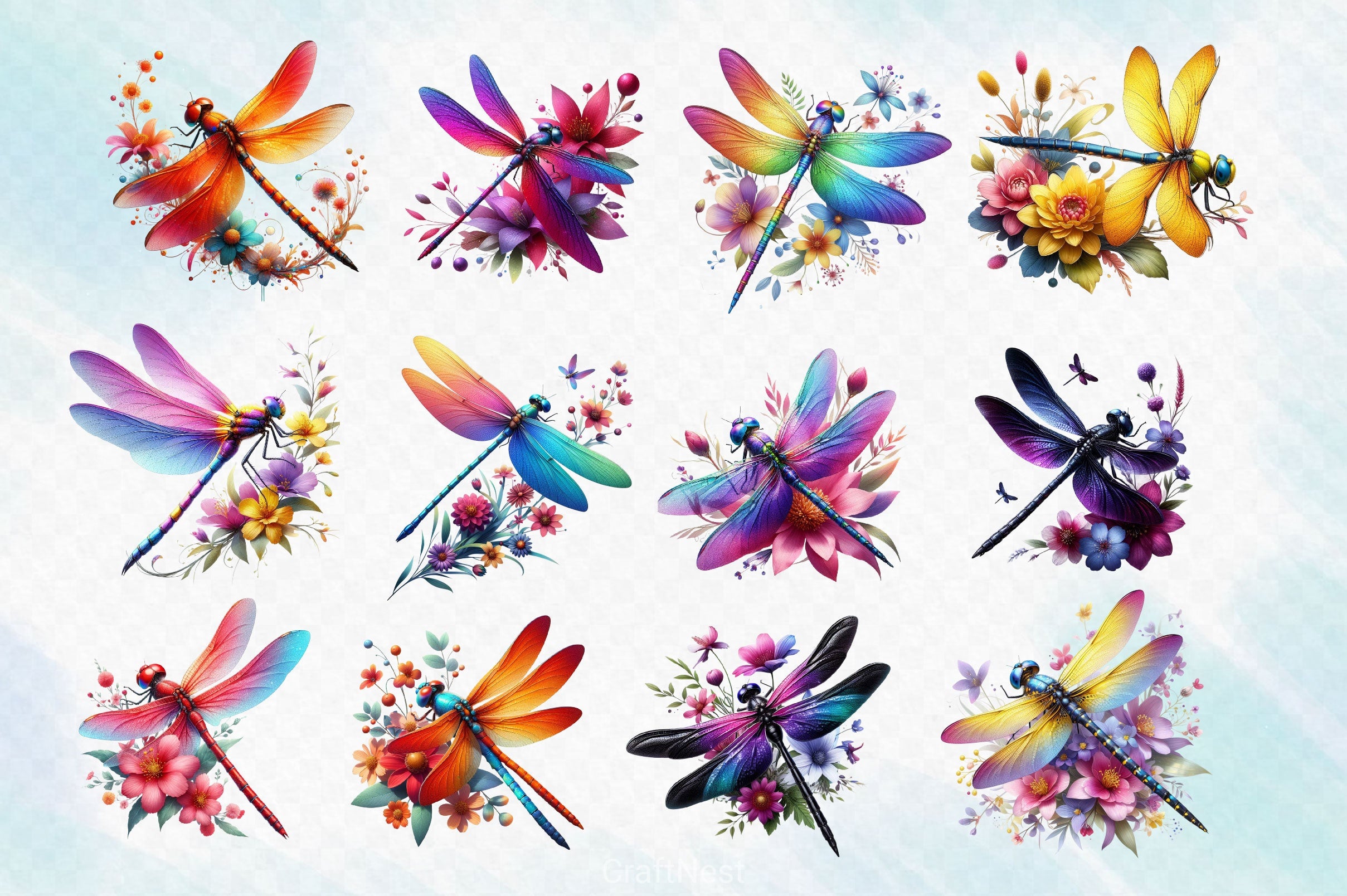 Colorful Dragonfly With Flower Clipart Bundle - CraftNest - Digital Crafting and Art