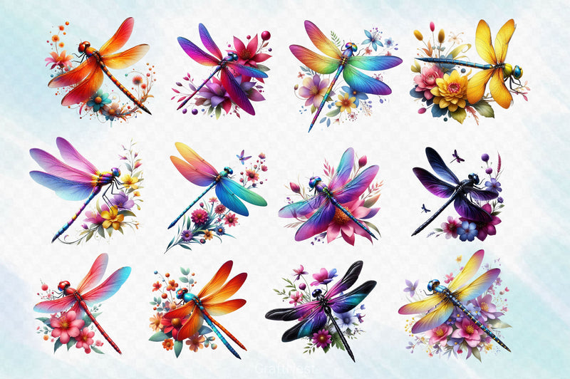 Colorful Dragonfly With Flower Clipart Bundle - CraftNest - Digital Crafting and Art