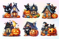 Halloween Black Cat With House Clipart Bundle - CraftNest - Digital Crafting and Art