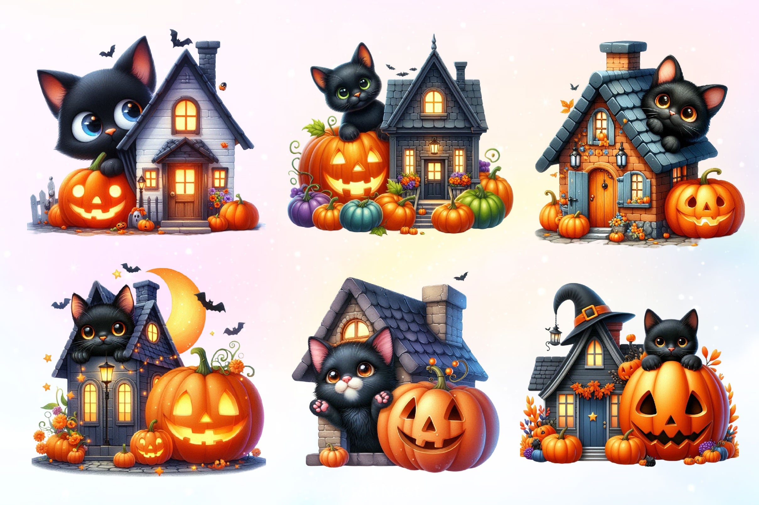 Halloween Black Cat With House Clipart Bundle - CraftNest - Digital Crafting and Art