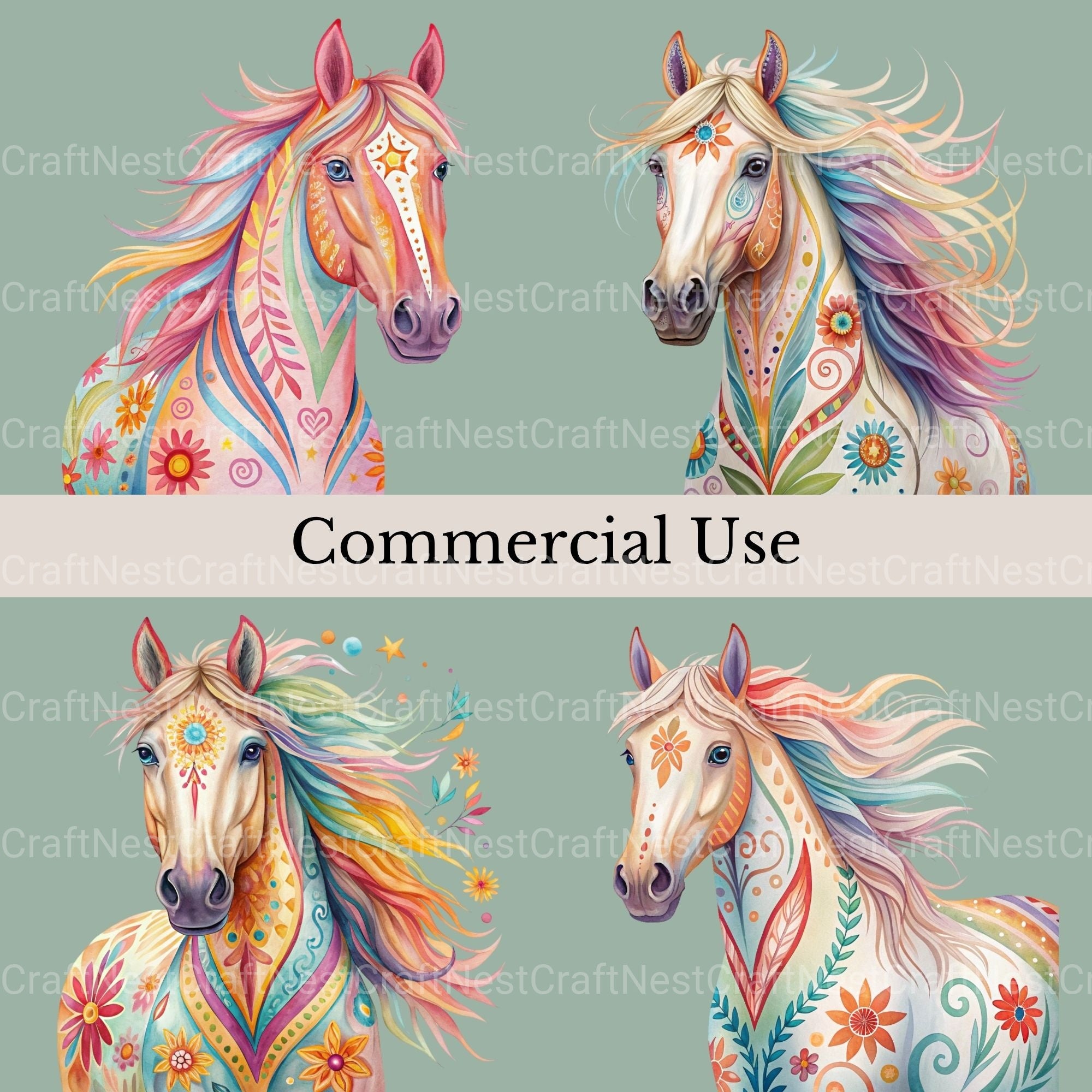 Horse Portraits Boho Clipart Bundle - CraftNest - Digital Crafting and Art