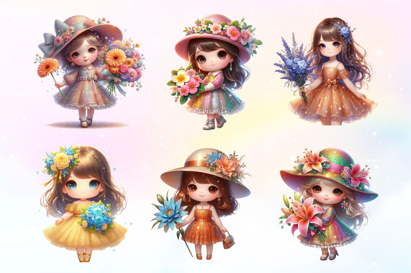Cute Girl With Flower Clipart Bundle - CraftNest - Digital Crafting and Art