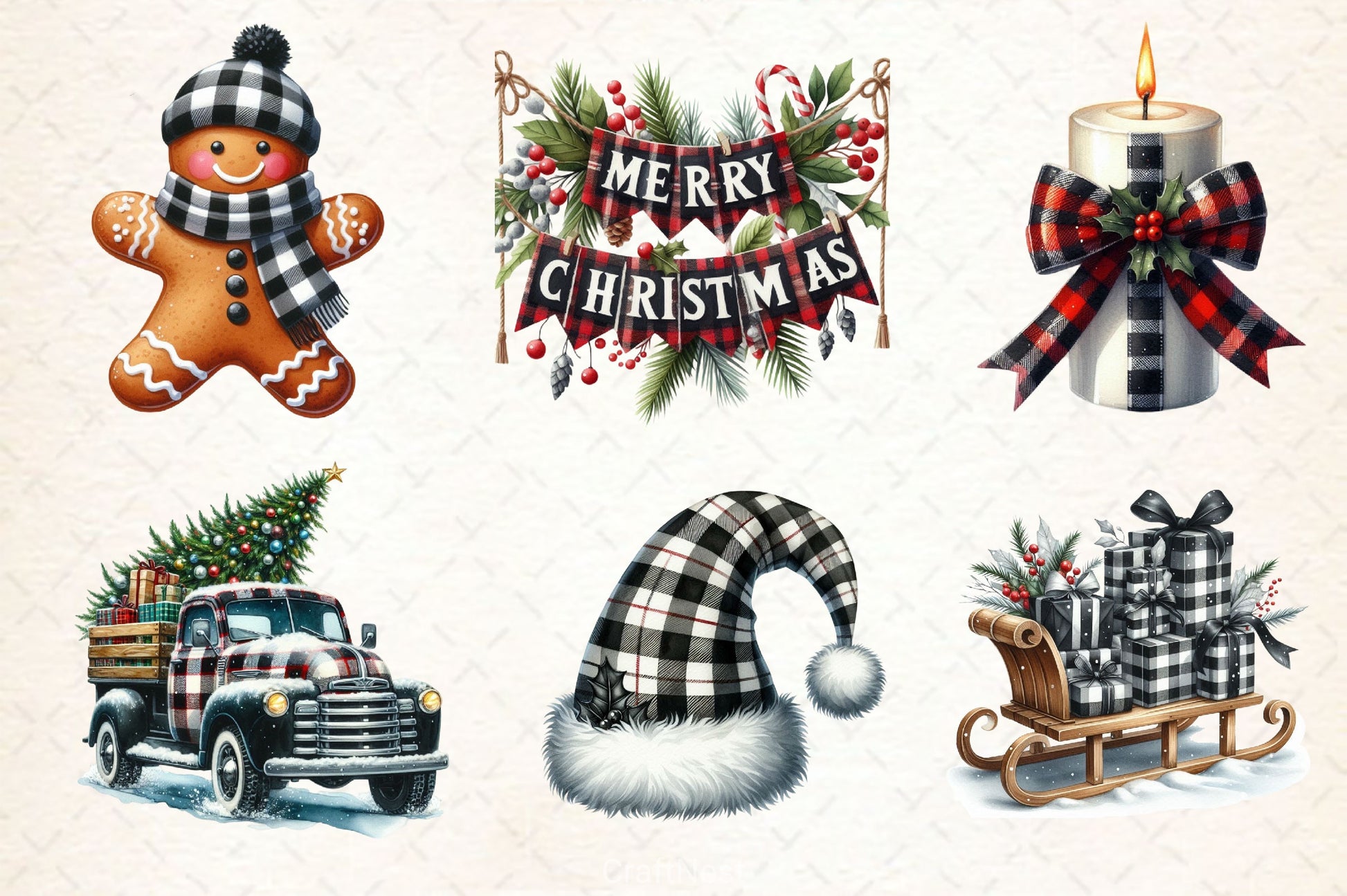 Black & White Plaid Christmas Clipart Bundle 2 - CraftNest - Digital Crafting and Art