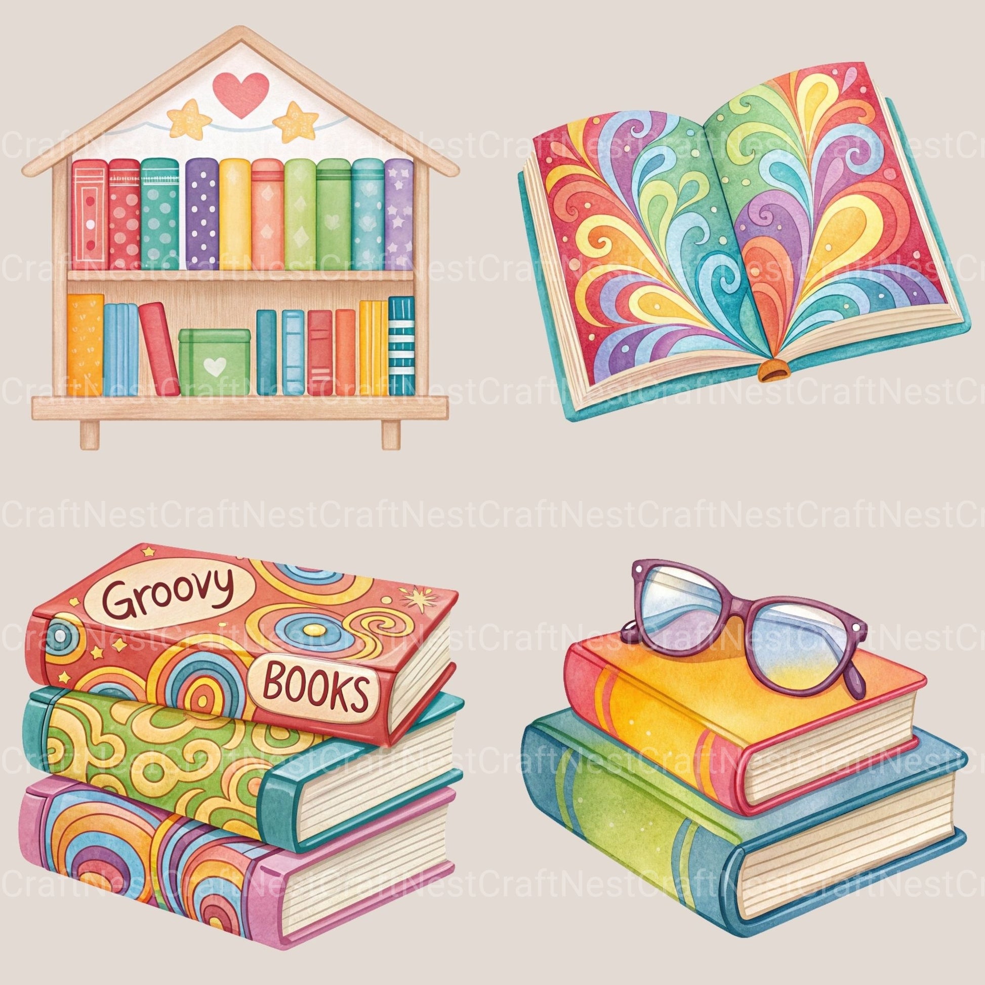 Groovy Books Clipart Bundle 1 - CraftNest - Digital Crafting and Art