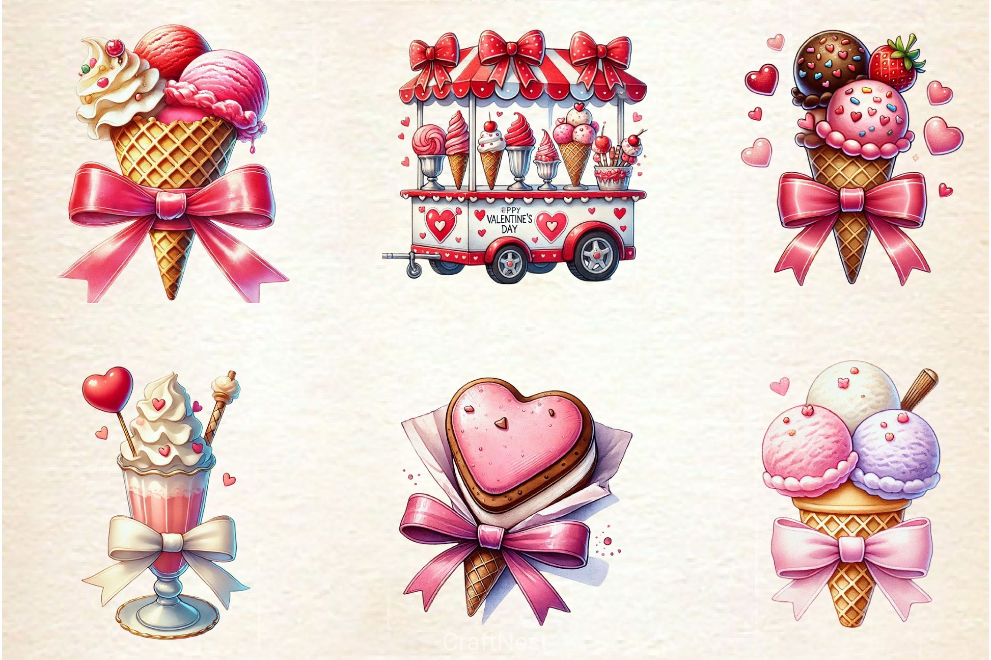 Valentines Ice Cream With Bows Clipart Bundle 2 - CraftNest - Digital Crafting and Art