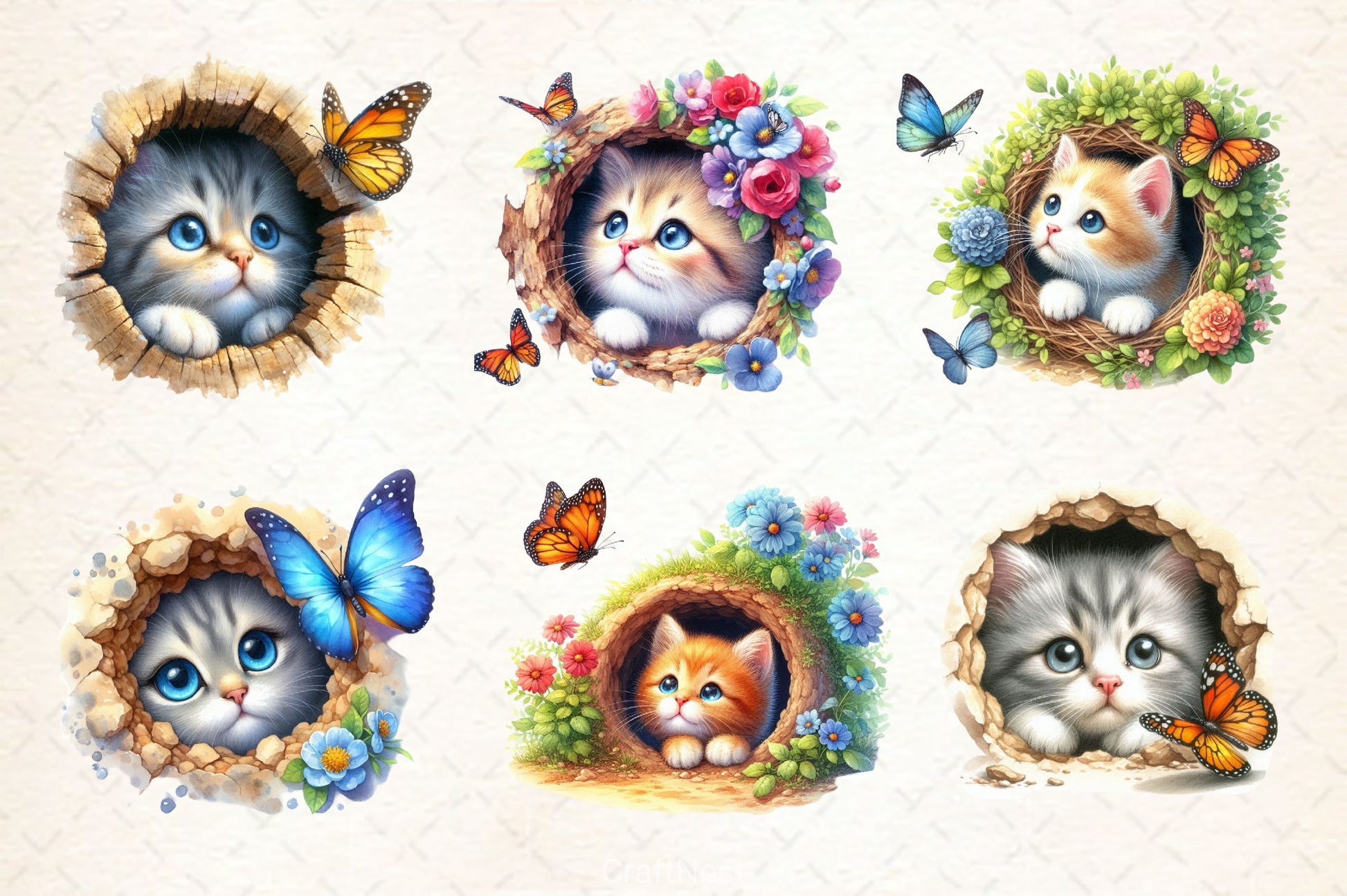 Peeking Cute Cat Hole With Butterflies Clipart Bundle - CraftNest - Digital Crafting and Art