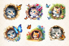 Peeking Cute Cat Hole With Butterflies Clipart Bundle - CraftNest - Digital Crafting and Art