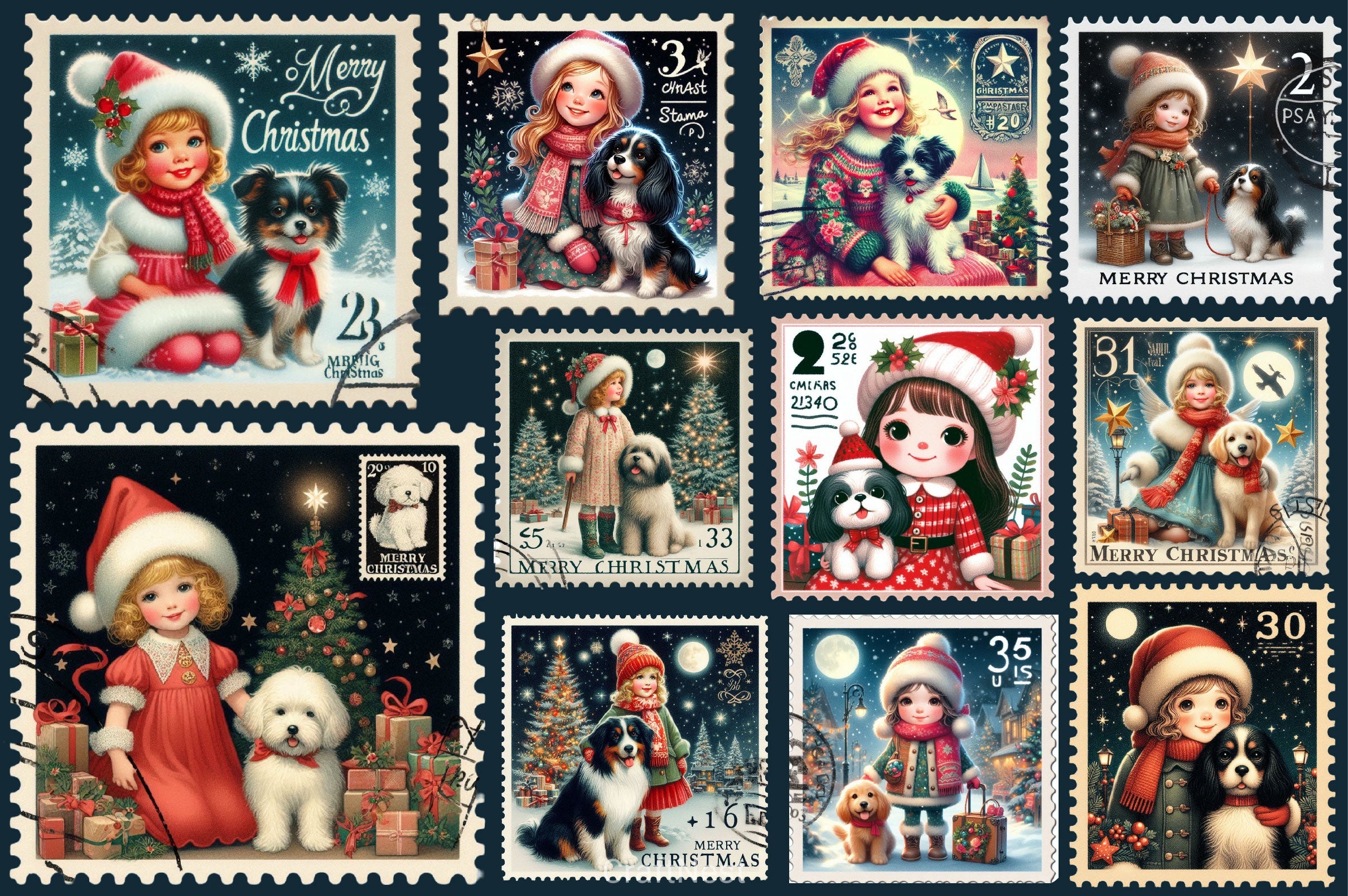Christmas Girl Postage Stamps Clipart Bundle 2 - CraftNest - Digital Crafting and Art