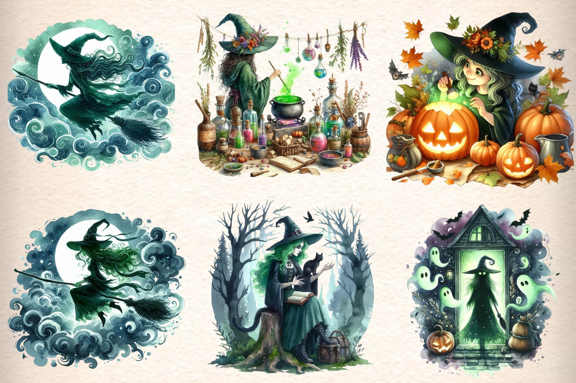 Green Witch Halloween Clipart Bundle - CraftNest - Digital Crafting and Art