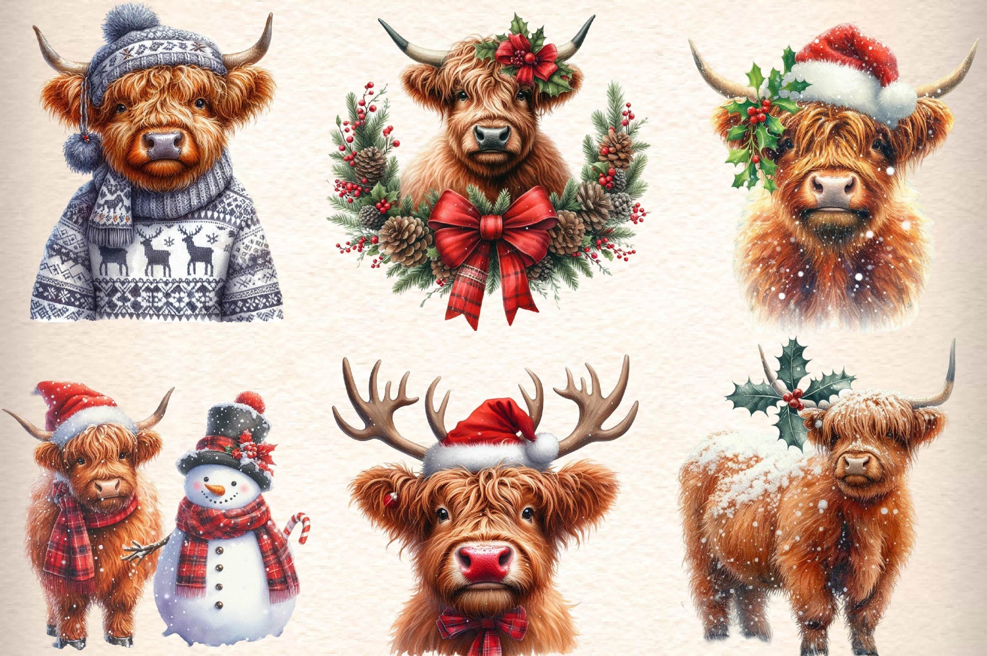 Christmas Highland Cow Clipart Bundle 6 - CraftNest - Digital Crafting and Art