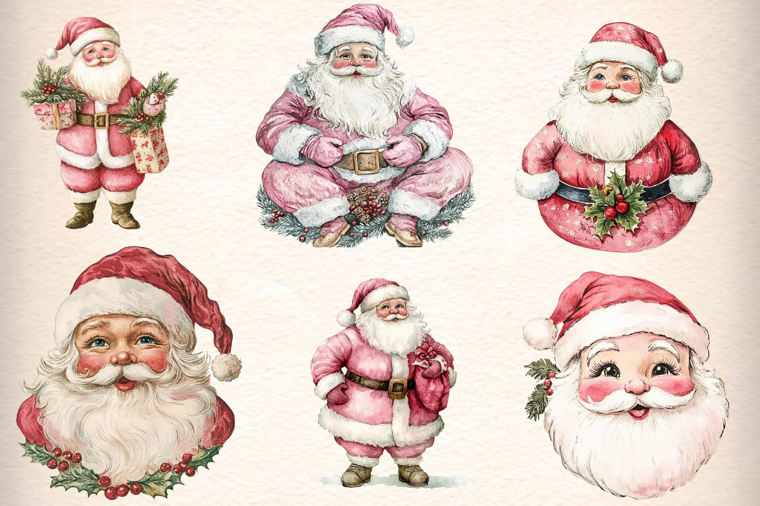 Vintage Pink Christmas Santa Clipart Bundle - CraftNest - Digital Crafting and Art