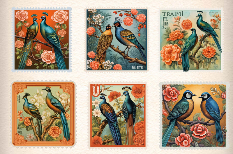 Asian Bird Postage Stamps Clipart Bundle - CraftNest - Digital Crafting and Art