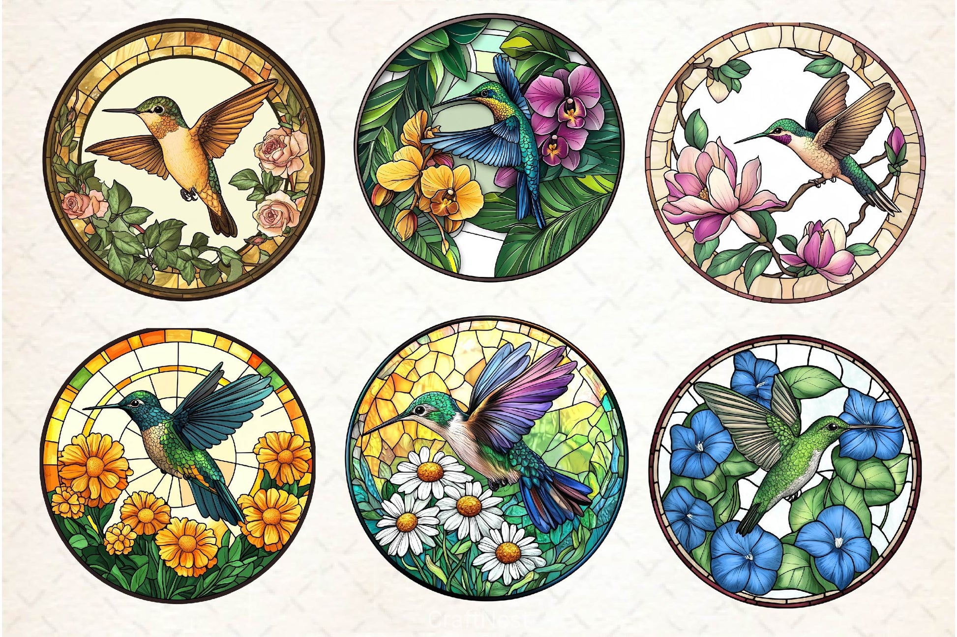 Hummingbird Flowers Round Stained Glass Clipart Bundle - CraftNest - Digital Crafting and Art