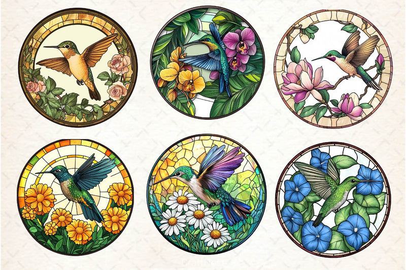 Hummingbird Flowers Round Stained Glass Clipart Bundle - CraftNest - Digital Crafting and Art
