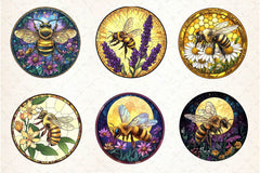 Bee With Flowers Round Stained Glass Art Clipart Bundle - CraftNest - Digital Crafting and Art