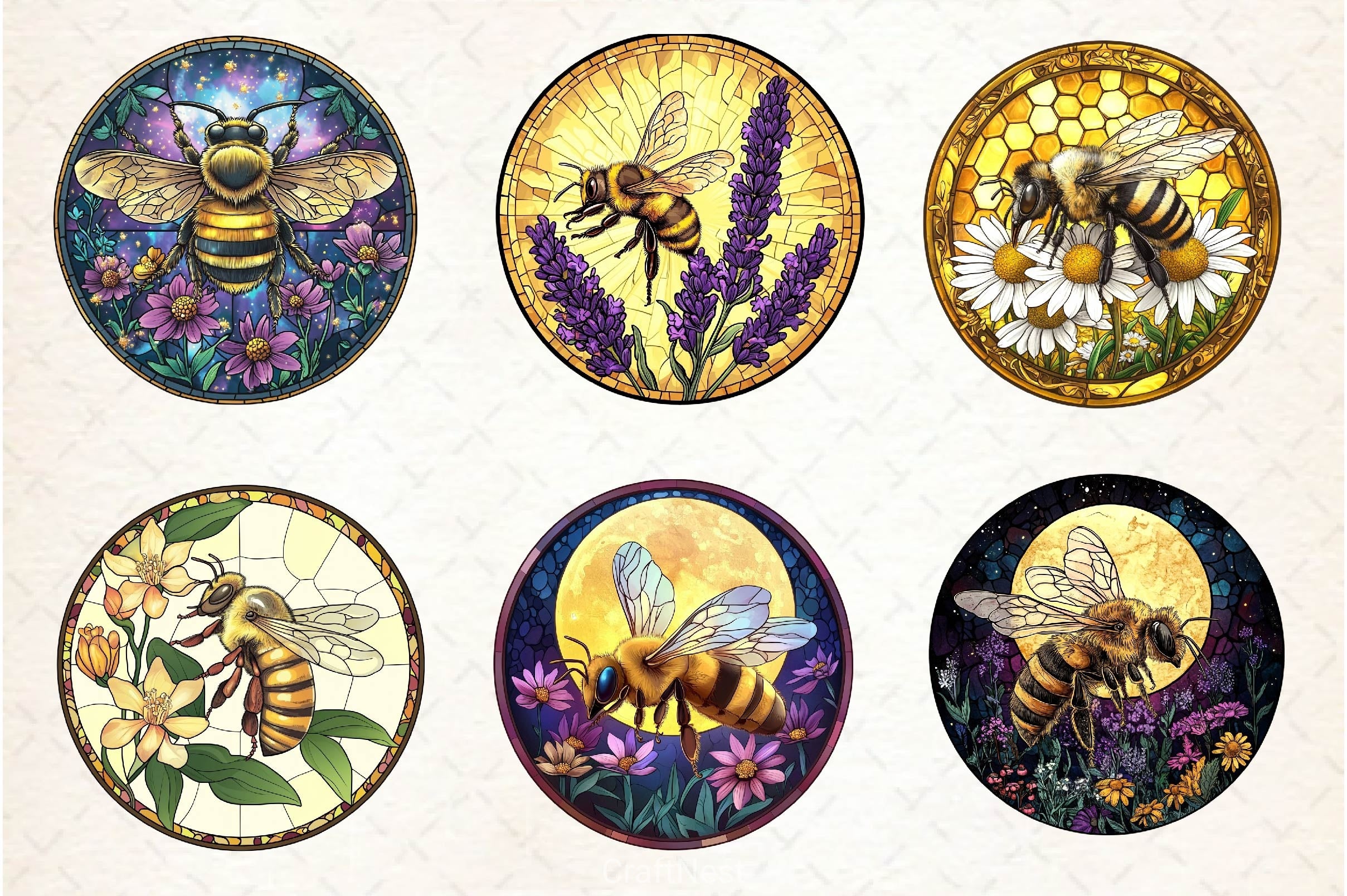 Bee With Flowers Round Stained Glass Art Clipart Bundle - CraftNest - Digital Crafting and Art