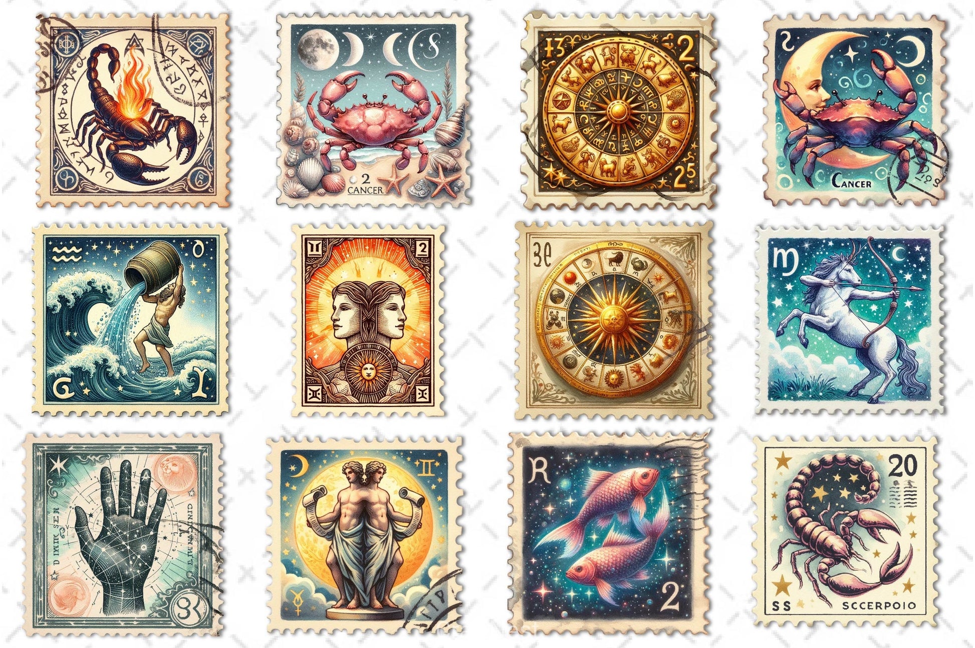Zodiac Postage Stamp Clipart Bundle - CraftNest - Digital Crafting and Art