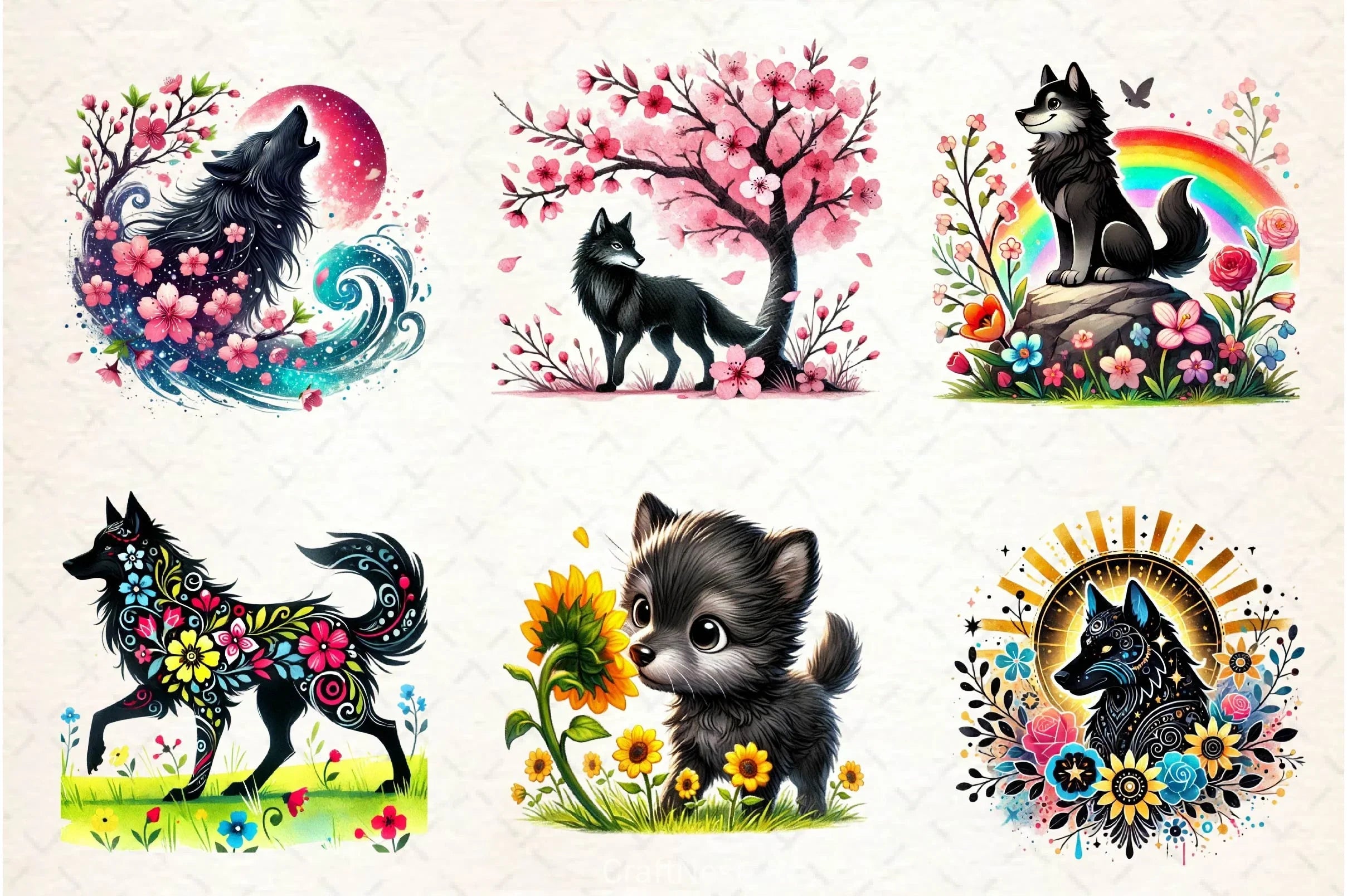 Spring Black Wolf Clipart Bundle 2 - CraftNest - Digital Crafting and Art