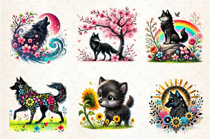 Spring Black Wolf Clipart Bundle 2 - CraftNest - Digital Crafting and Art