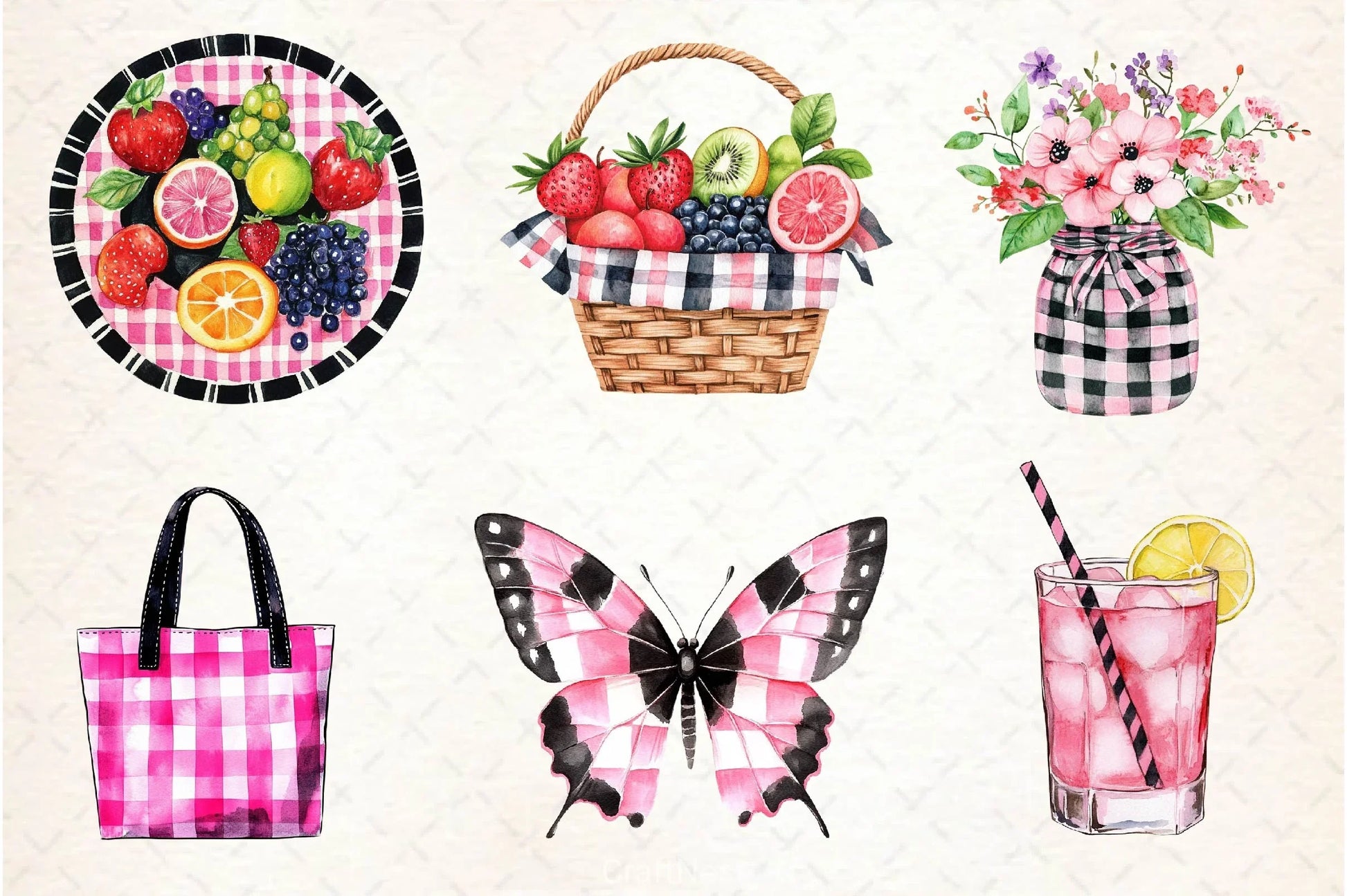Black And Pink Gingham Summer Clipart Bundle - CraftNest - Digital Crafting and Art