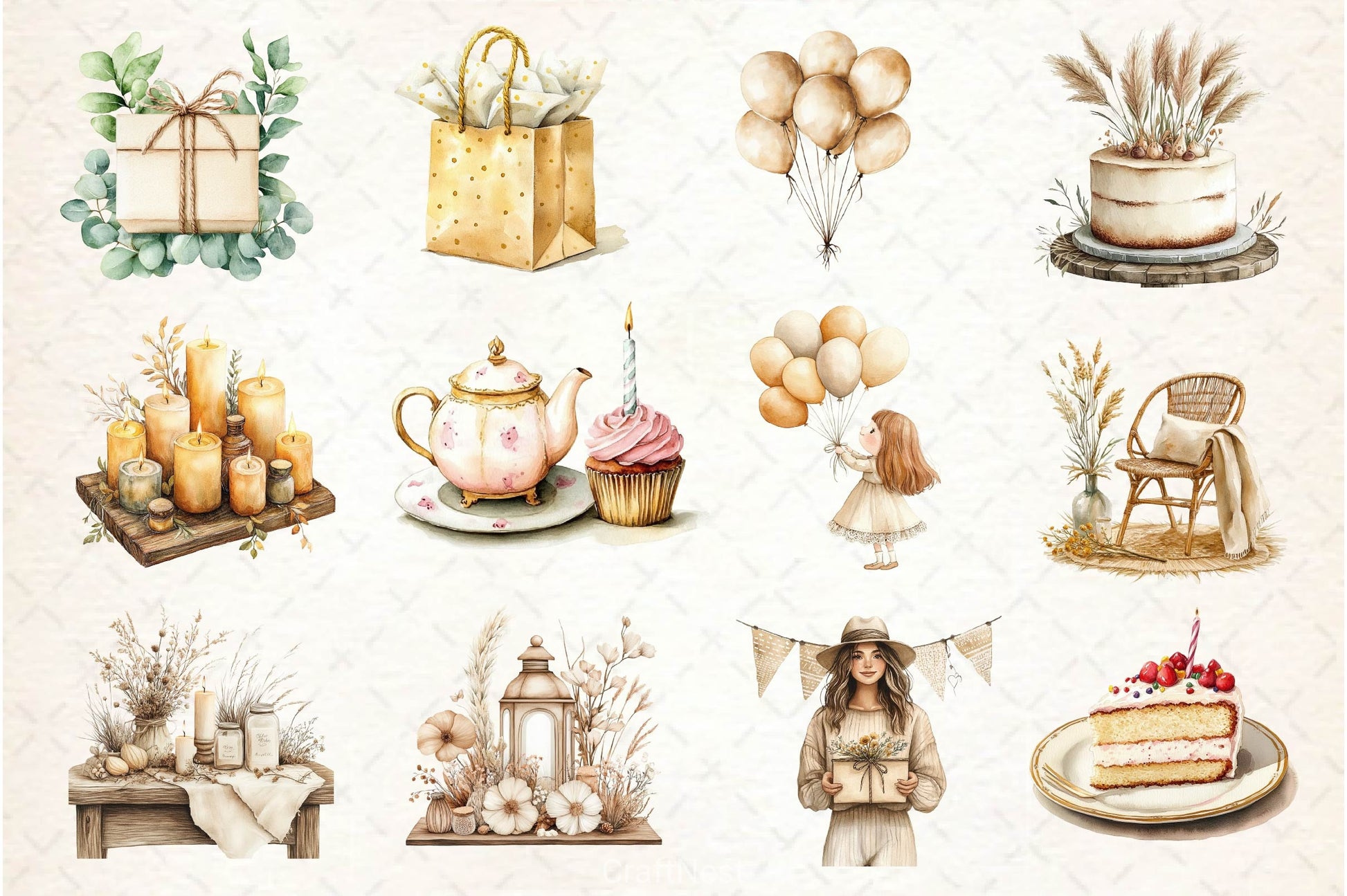 Boho Beige Birthday Clipart Bundle - CraftNest - Digital Crafting and Art