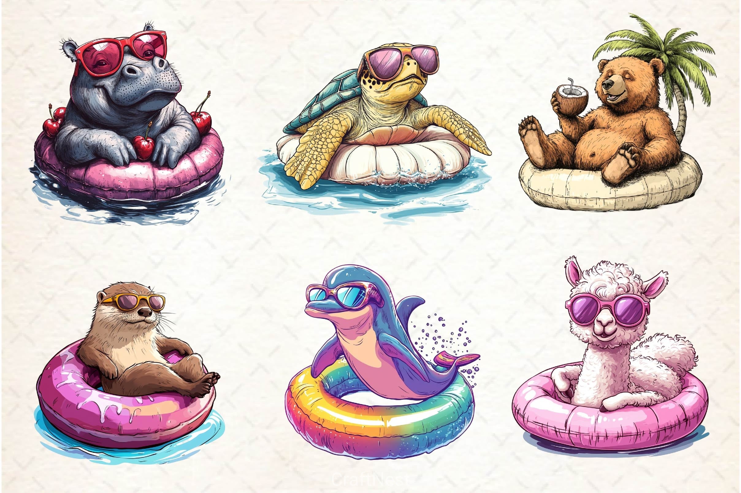 Summer Animals On Float Clipart Bundle 7 - CraftNest - Digital Crafting and Art