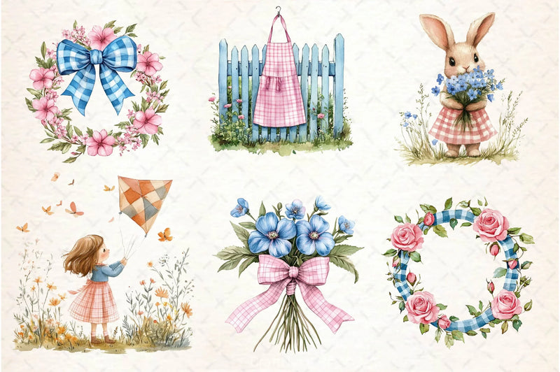 Blue & Pink Gingham Spring Clipart Bundle 10 - CraftNest - Digital Crafting and Art