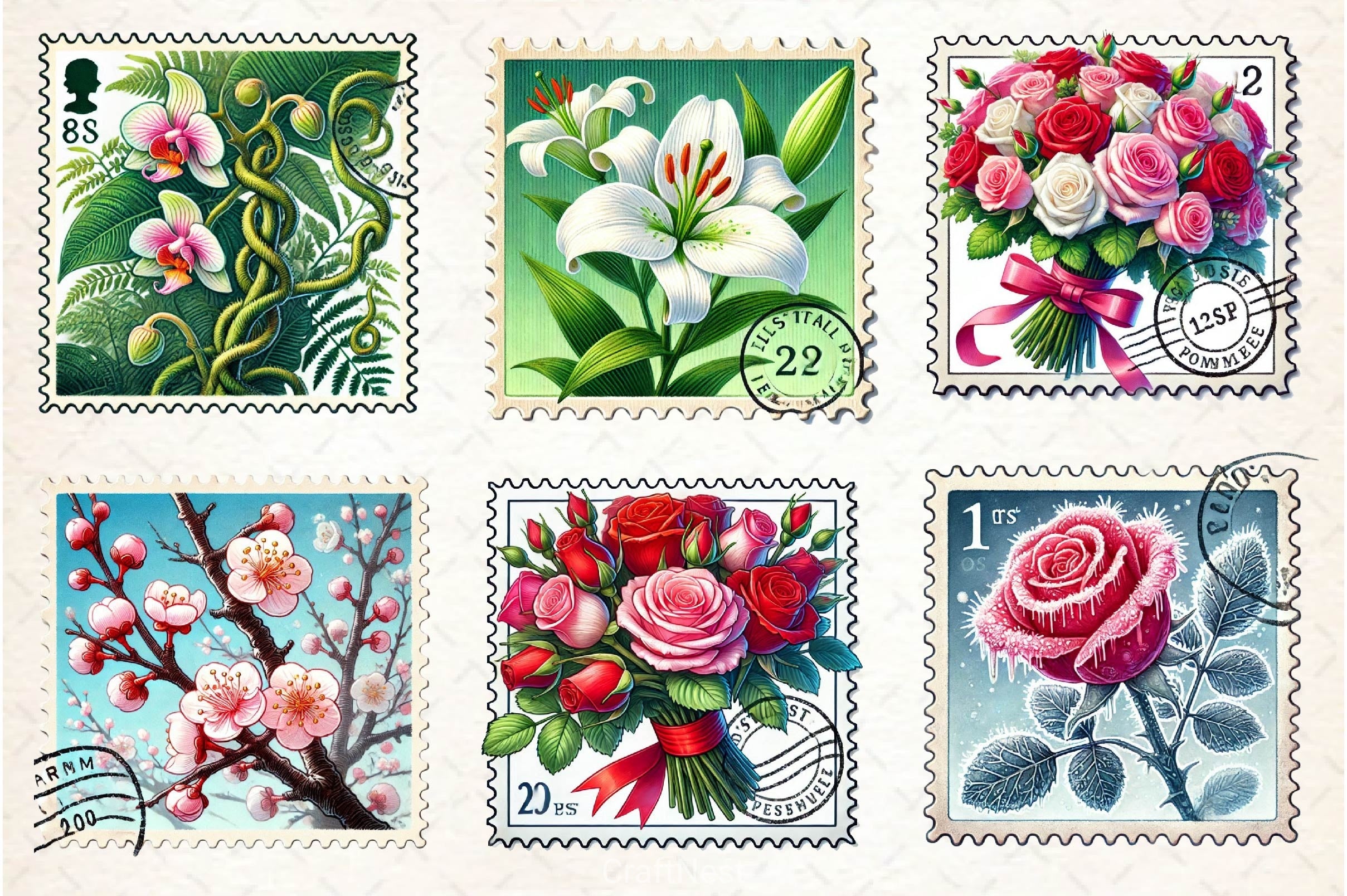 Flowers Postage Stamp Clipart Bundle - CraftNest - Digital Crafting and Art