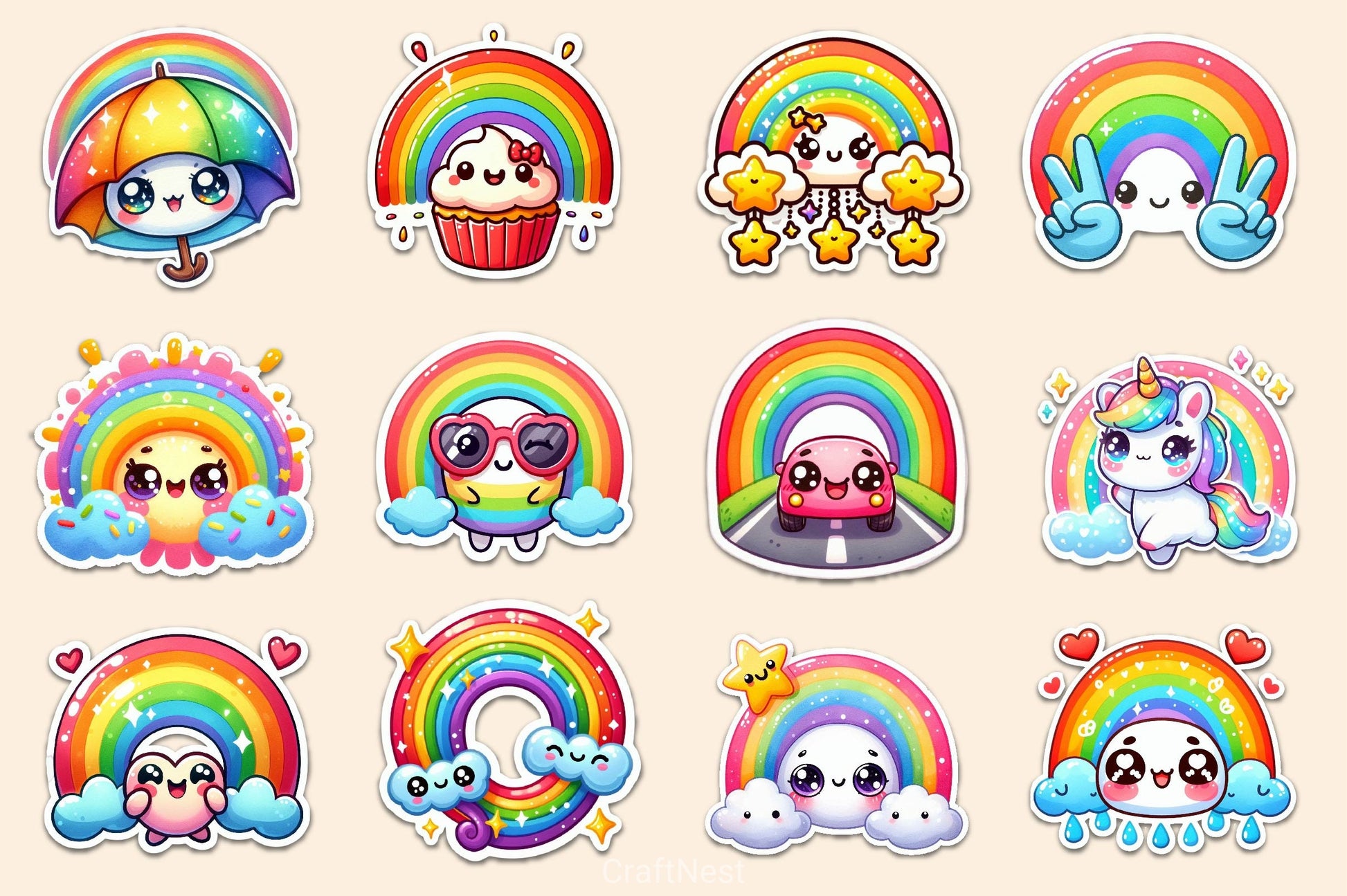 Kawaii Rainbow Stickers Sticker Clipart Bundle - CraftNest - Digital Crafting and Art