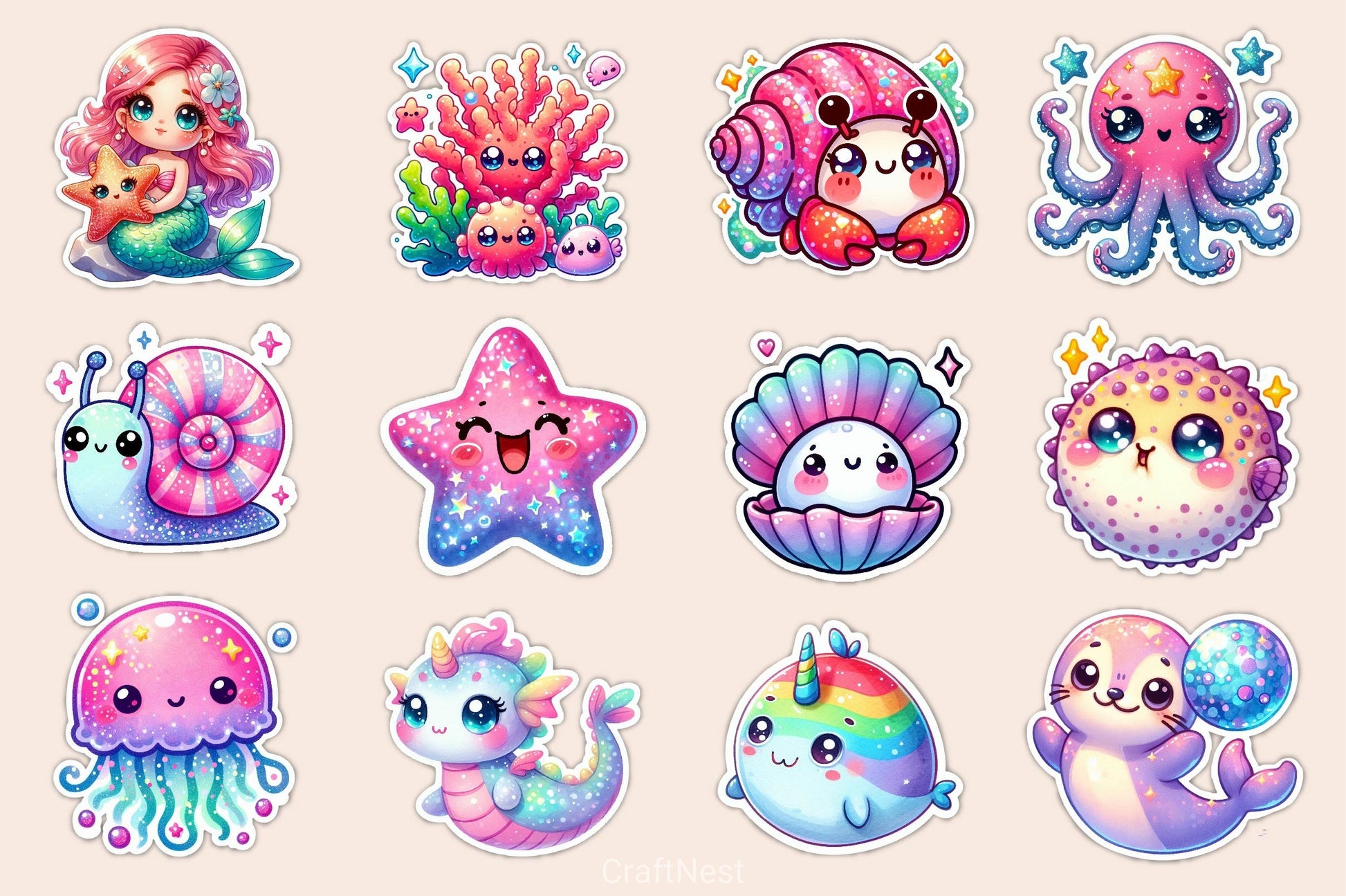 Cute Kawaii Sea Animals Clipart Bundle - CraftNest - Digital Crafting and Art