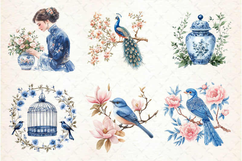 Blue Chinoiserie Spring Clipart Bundle 2 - CraftNest - Digital Crafting and Art