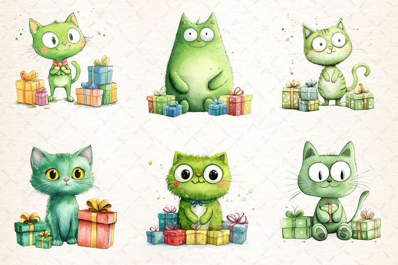 Cute Green Christmas Cat Clipart Bundle 2 - CraftNest - Digital Crafting and Art